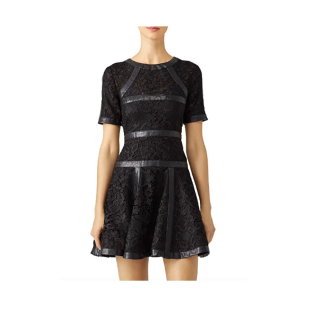 The Kooples Black Lace Faux Leather Trim Fit & Flare Mini Dress